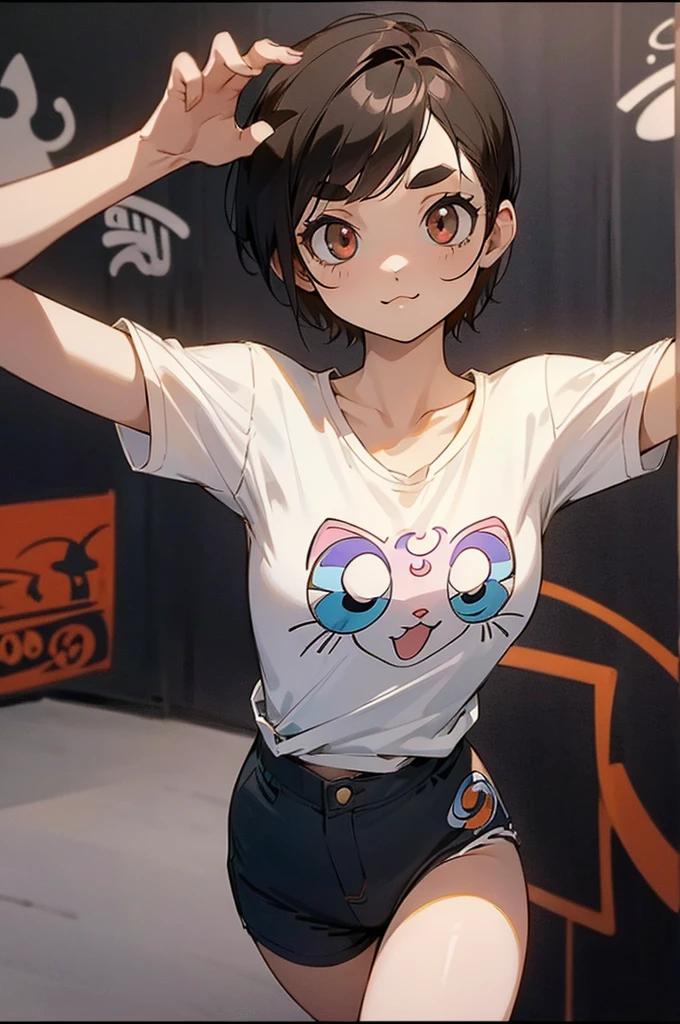 anime style,artistic, masterpiece,best quality,ssuper detailed,super fine illustration, highly detailed, dynamic angle, beautiful detailed, 8k,detailed background,in a music studio, (BREAK a female is dancing  . She is wearing a white T-shirt with a graffiti art-style cat illustration.)(Break very short hair,flat chest,black  hair,red-eyes,(full-face brasched:1.3),perfect hands,perfect fingers,Tsurime ,thick eyebrows,pov,perfect legs,cool pose ,cat years,(LoRA:0.7),)