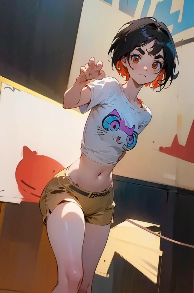 anime style,artistic, masterpiece,best quality,ssuper detailed,super fine illustration, highly detailed, dynamic angle, beautiful detailed, 8k,detailed background,in a music studio, (BREAK a female is dancing  . She is wearing a white T-shirt with a graffiti art-style cat illustration.)(Break very short hair,flat chest,black  hair,red-eyes,(full-face brasched:1.3),perfect hands,perfect fingers,Tsurime ,thick eyebrows,pov,perfect legs,cool pose ,cat years,(LoRA:0.7),)