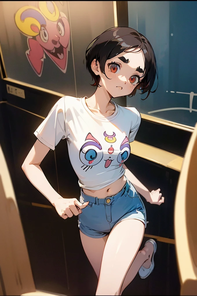 anime style,artistic, masterpiece,best quality,ssuper detailed,super fine illustration, highly detailed, dynamic angle, beautiful detailed, 8k,detailed background,in a music studio, (BREAK a female is dancing  . She is wearing a white T-shirt with a graffiti art-style cat illustration.)(Break very short hair,flat chest,black  hair,red-eyes,(full-face brasched:1.3),perfect hands,perfect fingers,Tsurime ,thick eyebrows,pov,perfect legs,cool pose ,cat years,(LoRA:0.7),)