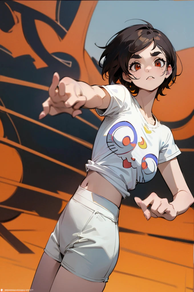 anime style,artistic, masterpiece,best quality,ssuper detailed,super fine illustration, highly detailed, dynamic angle, beautiful detailed, 8k,detailed background,in a music studio, (BREAK a female is dancing  . She is wearing a white T-shirt with a graffiti art-style cat illustration.)(Break very short hair,flat chest,black  hair,red-eyes,(full-face brasched:1.3),perfect hands,perfect fingers,Tsurime ,thick eyebrows,pov,perfect legs,cool pose ,cat years,(LoRA:0.7),)