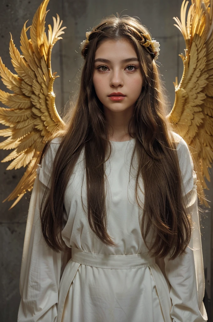 a 17-year-old girl. With long flowing hair, pale yellow skin, brown eyes, long eyelashes, red lips, wearing white clothes like a goddess and a crown of light on her head. He had huge golden wings behind him. with the background of a giant bird that is gray in color and has eyes that burn like fire