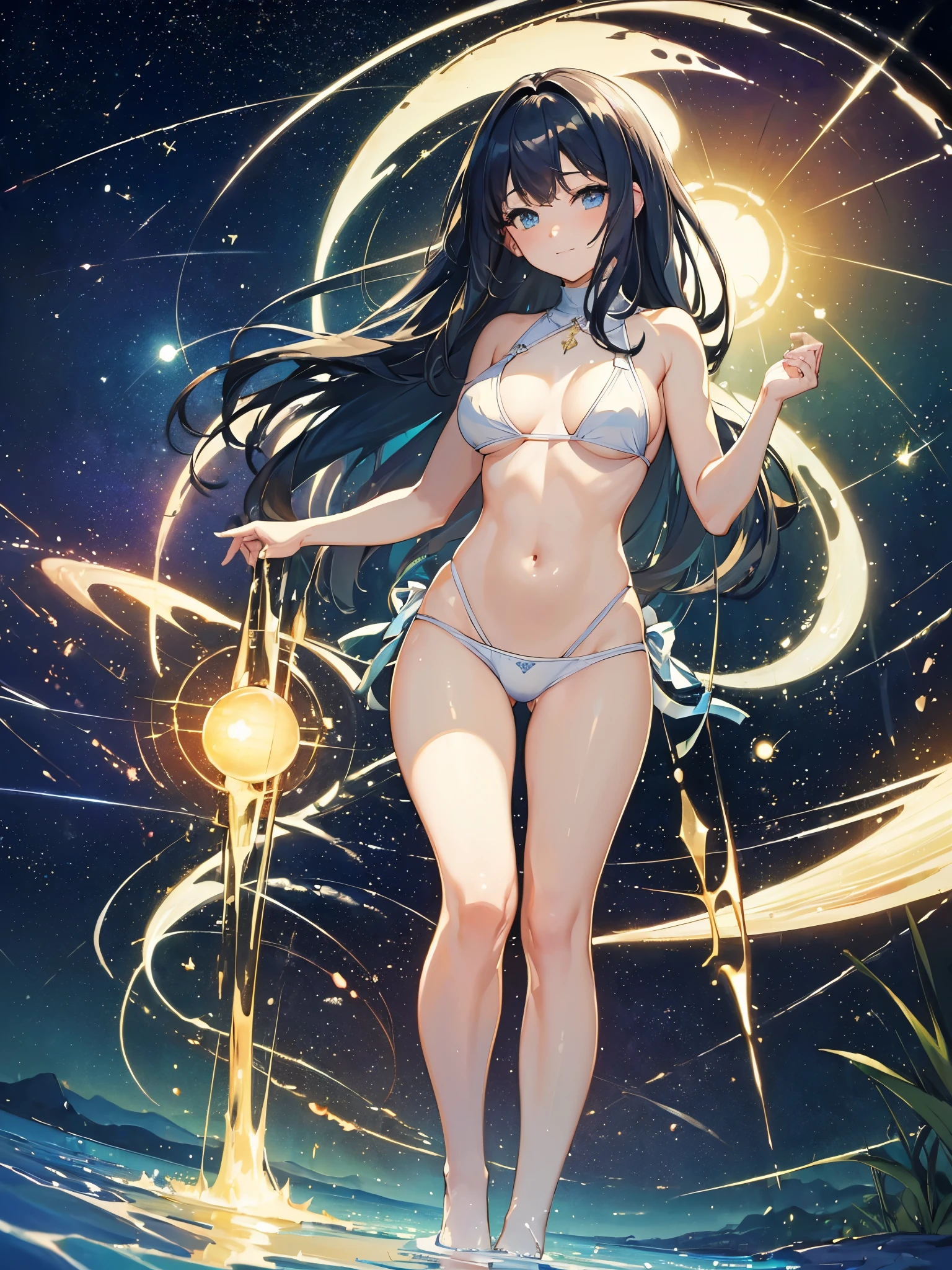 ((masterpiece, best quality:1.3)), High Definition, 8k wallpaper, (Fantastic landscape), dreamy, otherworld, galaxy, [1sexy girl:1.2], (beautiful face, A slight smile), (Straight Hair, Straight bangs), Facing the camera, (Sexy Bikini, No Clothes), light leaks, reflected in water under a sunset, 
