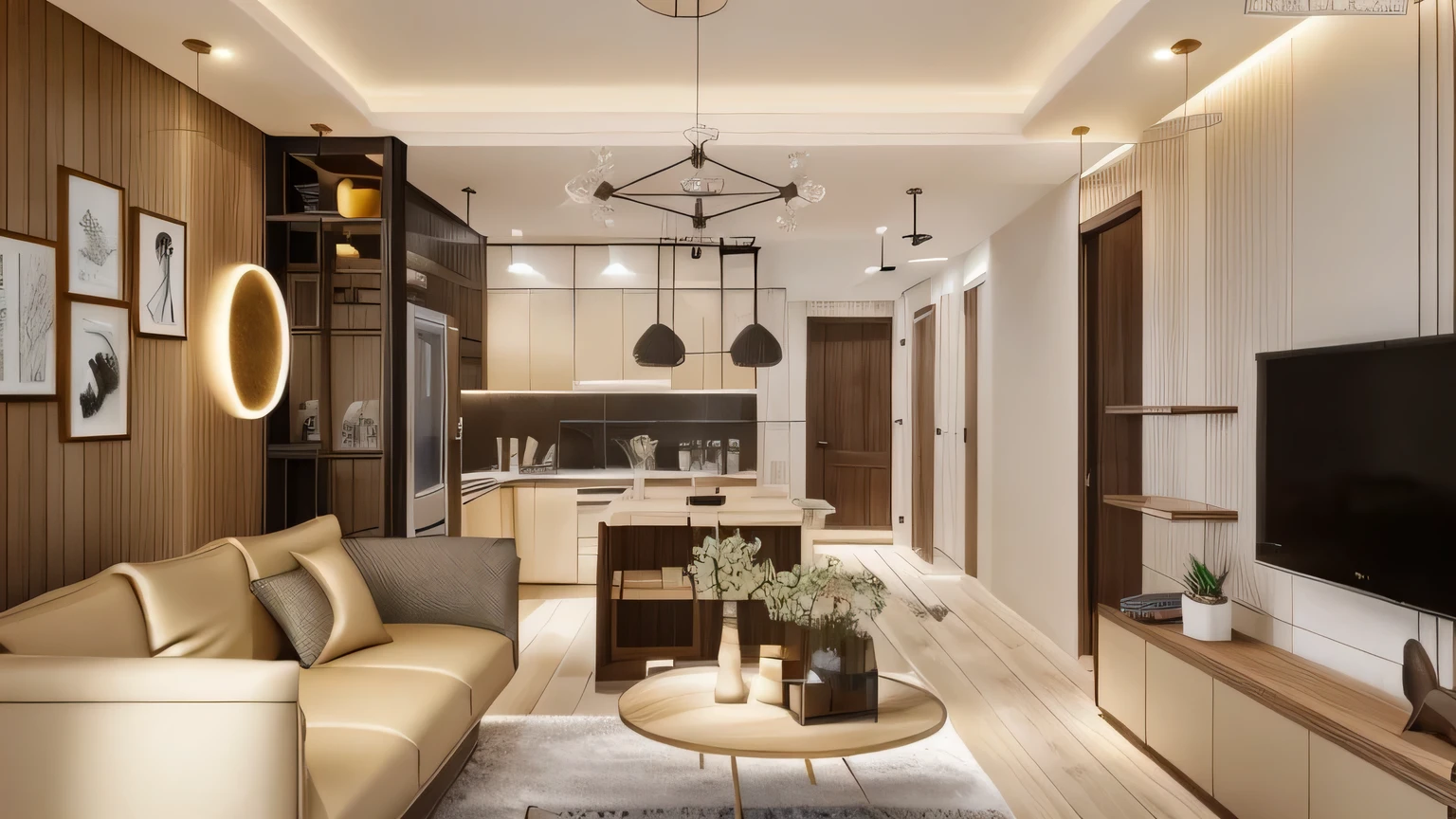 RAW photo,morden kitchen design,for a house luxurious in the style of indochine style,few gold and dark wood color scheme, exquisite craftsmanship, in natural rendering style, with simple lines and geometric shapes, clean design. Open garden, The overall effect is peace and quiet, daylight, shadows,volumetric lightwarm light, point light, target light station trend, studio photo, intricate details, luxurious and spacious, beautiful, realistic, 8k uhd, morning,color block wall decor, Cream color block wall decor, glossy floor