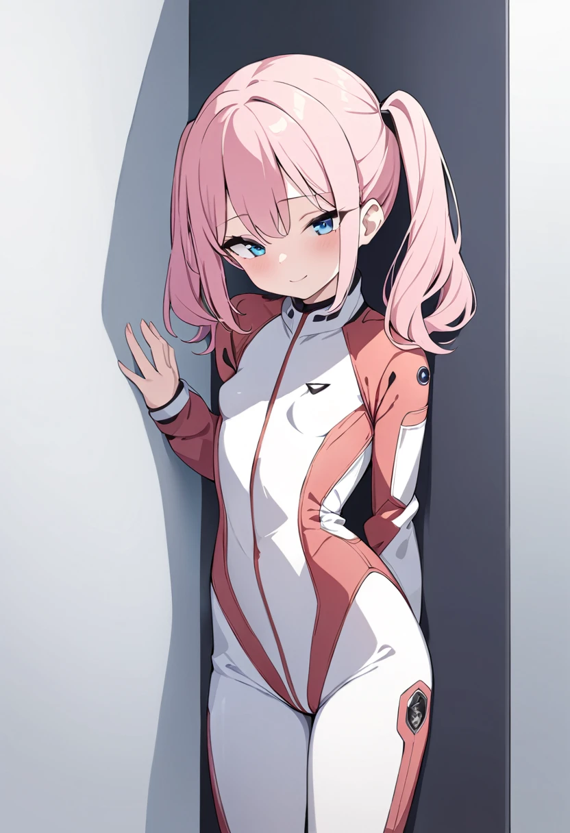 (masterpiece, top quality, very aesthetic, 4k、illustration), intricate detail, 1girl,leaning against a wall、(cowboy shot)、light smile、()、animated painting
Cute 、pink hair、twintails,middle hair,sidelock ,high ,blue eyes、pilot suit、small breasts,Slim 、