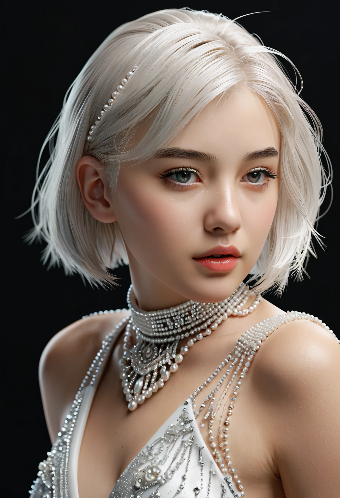 Highest quality,A perfect masterpiece,Perfect artwork,Official Works,8K,, (Upper body portrait:1.3),((View from the side:1.5)),Close-up lens,Delicate face,, 17 years old,White Hair Girl,(hakuhatsu:1.5),Short and medium hair,((White, clear eyes:1.5)),(White Dress:1.2),(Transparent clothing:1.2),(Black background:1.3),, The illusion of pearls,cyber punk,Fashion Trends,3s material,High resolution,Detailed Expression,C4D,3d,Octane Rendering,Ray Tracing,Intricate details,illumination,OCrenderer,