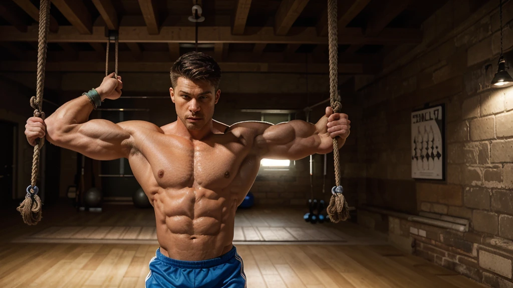 "Realistic drawing of a fitness man doing triceps pulley exercise with rope in a well-lit gym. The image should clearly show the triceps muscles in action, with vibrant colors and details that highlight muscle definition. The background should be a gym environment with modern details."