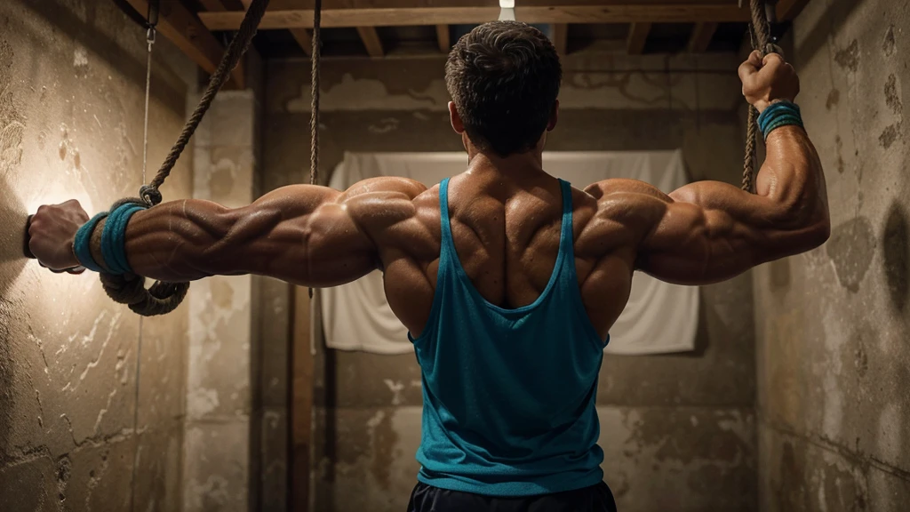 "Realistic drawing of a fitness man doing triceps pulley exercise with rope in a well-lit gym. The image should clearly show the triceps muscles in action, with vibrant colors and details that highlight muscle definition. The background should be a gym environment with modern details."