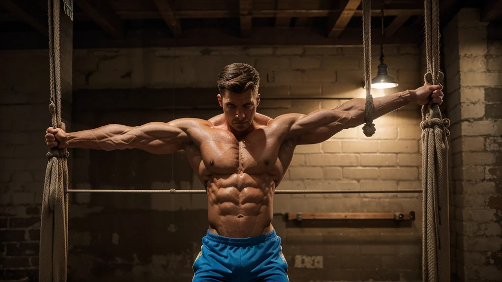 "Realistic drawing of a fitness man doing triceps pulley exercise with rope in a well-lit gym. The image should clearly show the triceps muscles in action, with vibrant colors and details that highlight muscle definition. The background should be a gym environment with modern details."