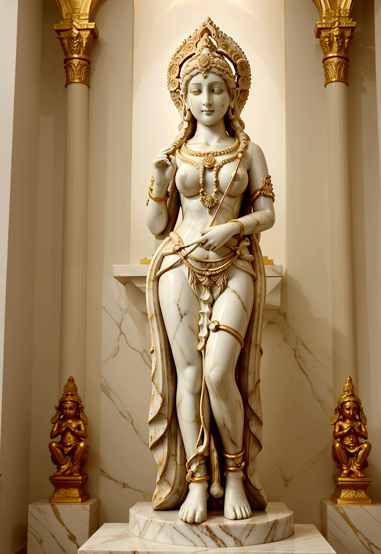1 white marble statue of goddess Saraswati with marble clothing and golden ornaments