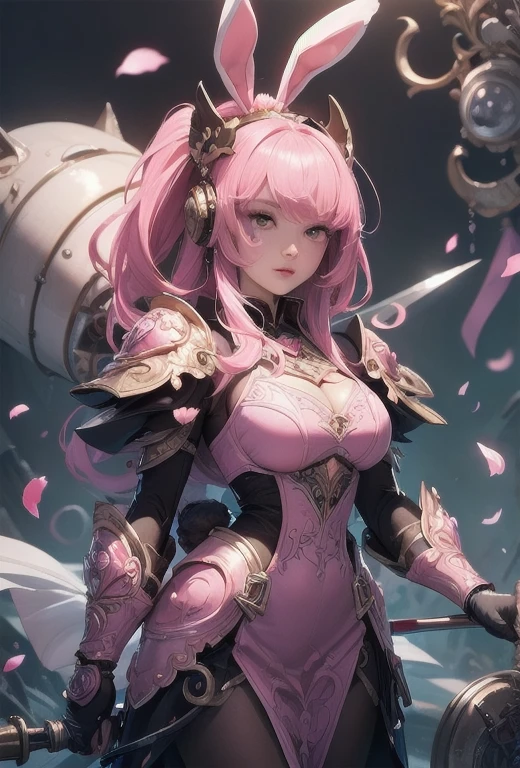 (((Full and soft breasts,)))(((Huge breasts))) (((Cleavage))) (Perfect curvy figure)(Detailed illustration,Very detailed and meticulous drawing,Delicate lines，Slow and fast,Realistic texture expression),[Colored braid main line],(Fantasy World Battlefield [Burning castle]),(Girl  (Pink Bunny [Metal surface])) [Weapon Machine],(([petal] Metal dress [Ruffles]) [Floral Pattern] [Transparent pink translucent armor covering the body surface]) [Ribbon]) [Glowing energy tubes at joints],[Using a sledgehammer as a weapon],[[Mobile Weapon Giant Size][Sci-fi machinery]],(Metallic luster),(Exquisite and beautiful decoration [Dense details]),(Accurately drawn face)[Perfect eye details(Every detail of the iris is beautifully painted)[Gemstone eyes]],[Long and beautiful eyelashes],[Carefully drawn hair [Learn more about beautiful, shiny hair]],(Perfect hand details [Beautiful fingers without flaws [Beautiful nails]]),(Perfect anatomical structure(Perfect proportion))[[Full body portrait]],[Ideal color coordination(Accurately simulate the interaction of light and matter)],[Visual art that conveys a sense of narrative].