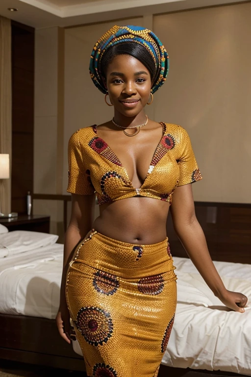 Create an image of a 23-year-old African woman, exuding happiness, dressed in a beautiful ankara, she should be very thick and realistic . She should be posing with the confidence and grace of a fashionista. The scene should be simple and capture a beautiful scene of a beautiful room in a hotel.