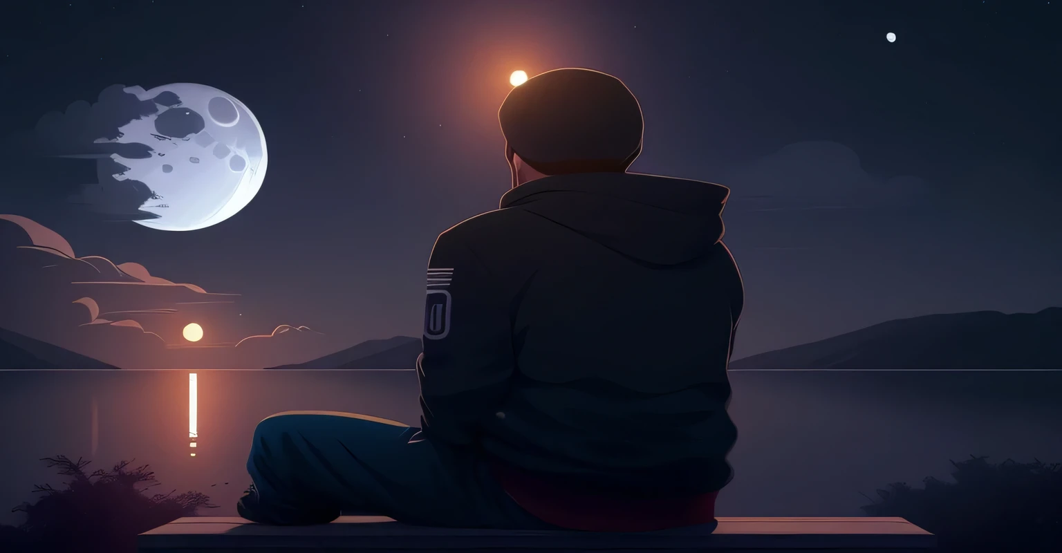 tem um homem sentado num banco looking at the moon, calm evening. Digital illustration, looking at the moon cheia, sitting on the moon, looking at the moon, cyril rolando and goro fujita, moon behind him, 3D rendering beep, cinematic beep, inspirado em Cyril Rolando, calm evening. over shoulder shot