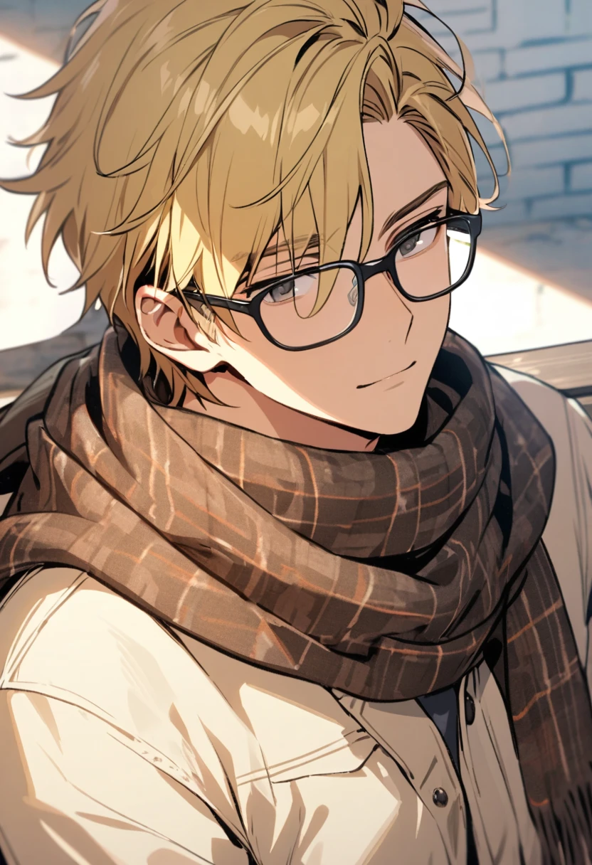 male, solo, handsome, short hair, scarf, black eyes, blond hair, glasses, relaxing face