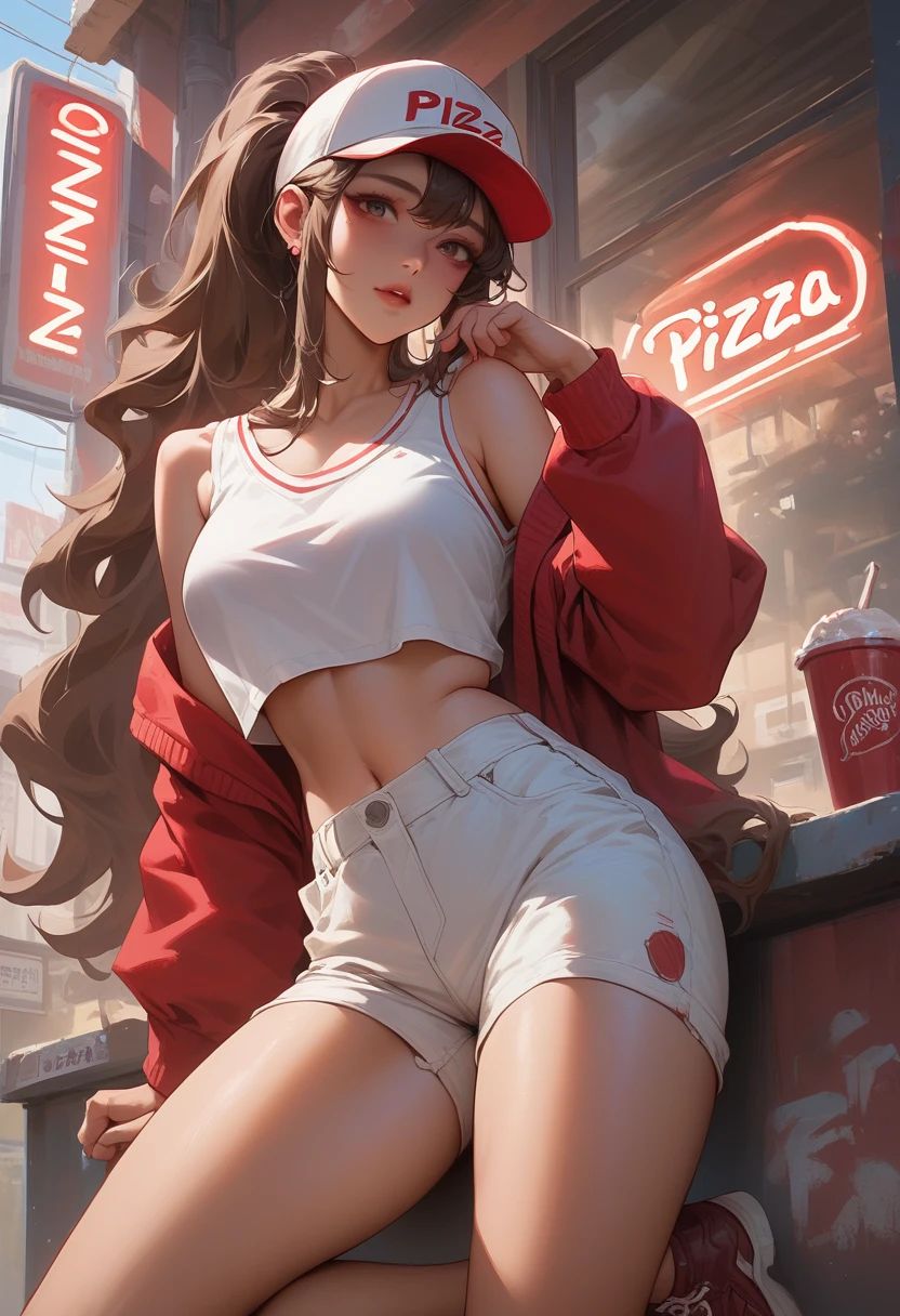 Complex、Very detailed、whole body、Brown medium-long hair、Wear a red and white baseball cap、Wear a red and white cropped jumper、Wearing a white tank top、Wear white shorts、Wear brown short boots、Leaning on a neon sign that says &quot;Pizza&quot;、Female Android