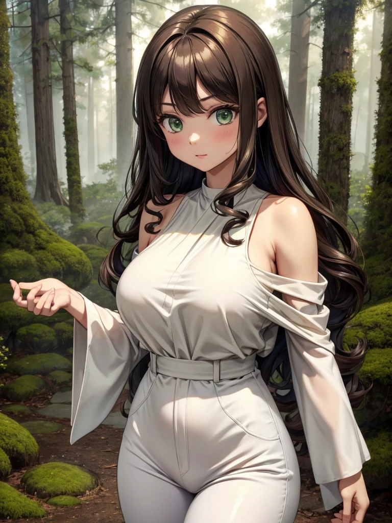 8K, Highest quality, masterpiece, Very detailed, Semi-realistic, girl, girl, 20-year-old, Look at your hands, Long dark brown hair with bangs, Curly Hair, Green Eyes, Black Japanese-style cut clothes, White pants, Bare shoulders, golden details, Thin body type, Cold look, Battle Scenes, Outdoor, Forest Background, Lots of trees and dark skies