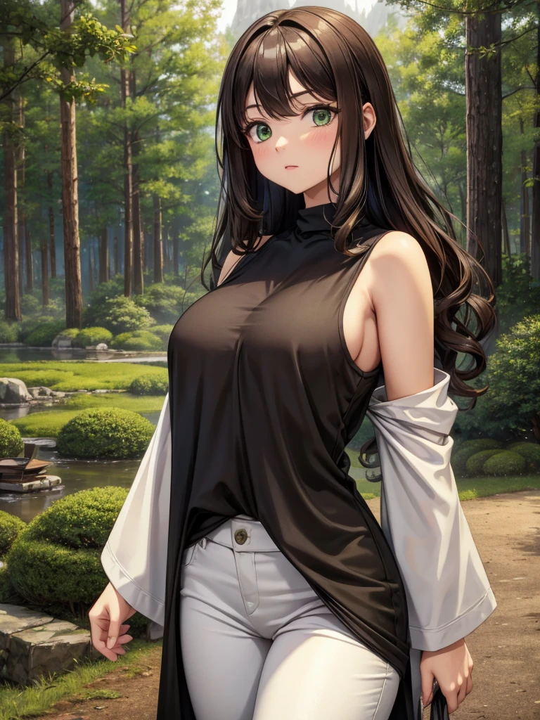 8K, Highest quality, masterpiece, Very detailed, Semi-realistic, girl, girl, 20-year-old, Look at your hands, Long dark brown hair with bangs, Curly Hair, Green Eyes, Black Japanese-style cut clothes, White pants, Bare shoulders, golden details, Thin body type, Cold look, Battle Scenes, Outdoor, Forest Background, Lots of trees and dark skies