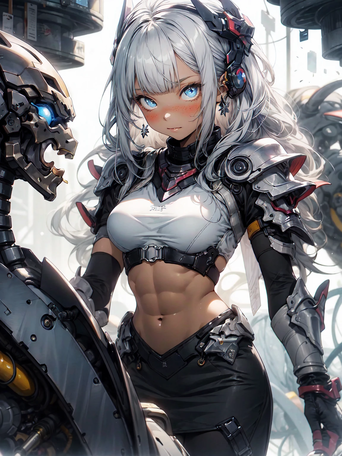 Be realistic，（masterpiece，Highest quality，Highest quality，Very detailed，Fractal Art，Most detailed，（Abstract background：1.5）（1 Girl），Kamimei，（Long Hair），（ puppet, blue eyes, Pale skin, Yellow Hair, Long Hair, Blunt bangs,,Big Breasts、Toned Abs，Stunned)、crystallization，bikini、sexy、Machinery Armor、Sunburned skin、(Black pencil skirt)