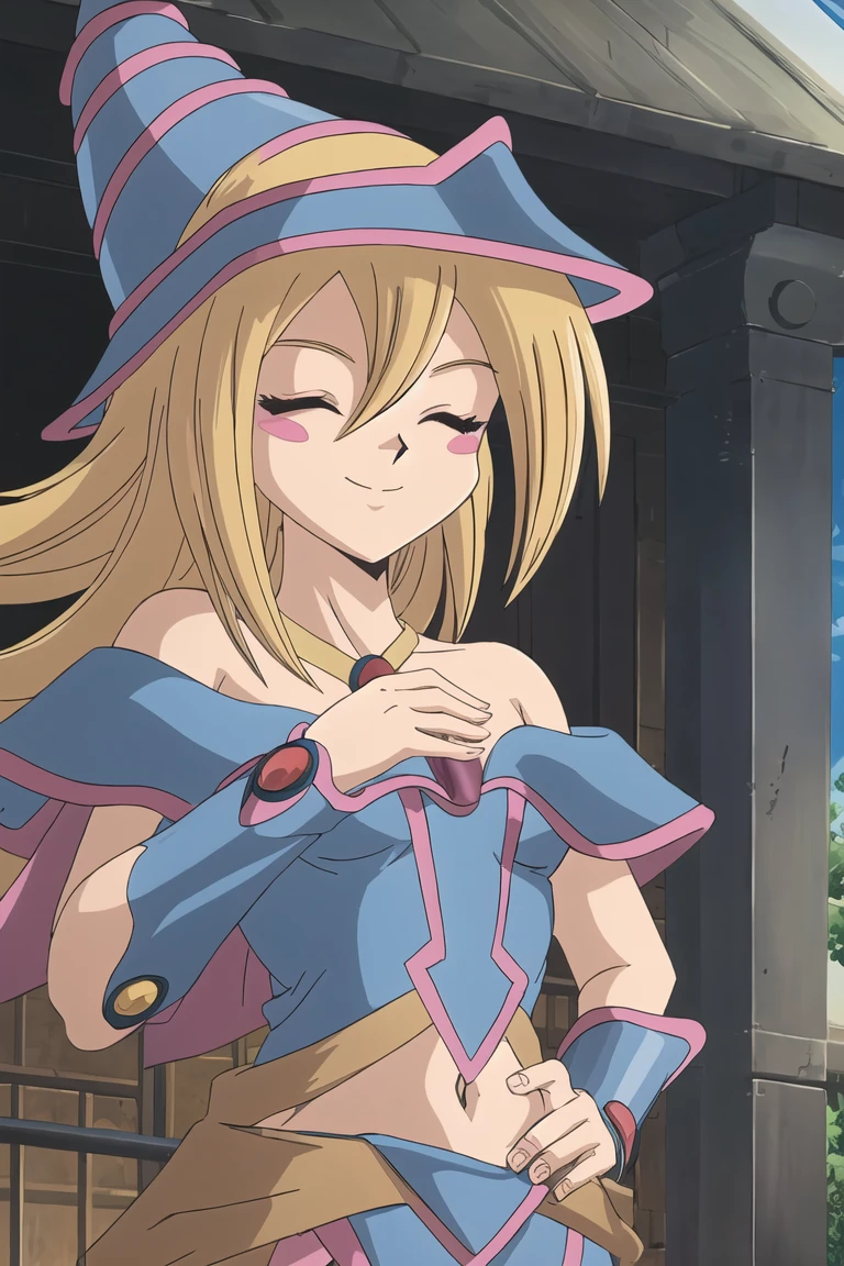 DMG, 1girl, solo, head portrait,, smile, off shoulder, wizard hat, perfect quality, good quality, masterpiece, HDR, UHD, blush, , closed eyes, dress lift, navel, stomach, hand on stomach, looking down