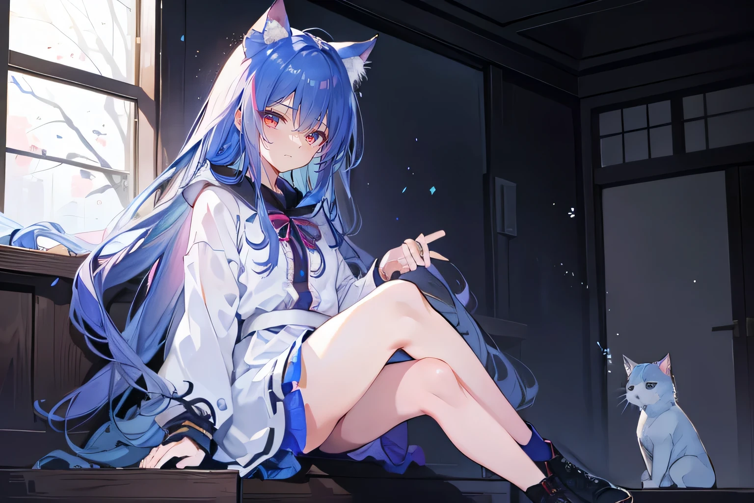 (masterpiece:1.2),Super detailed,lifelike,Expressive eyes,fair skin,perfect face shape,1 girl,
Japanese comics,Gorgeous blue hair,flowing blue hair,flowing clothes,Cat ears,Petals fall,beautiful lola,Baby Angel,
Shaking head with one hand,Cross your legs,Gentle and peaceful background,The pavilion is cool and comfortable,smile, wearing hoodie, In front of the window,snowing