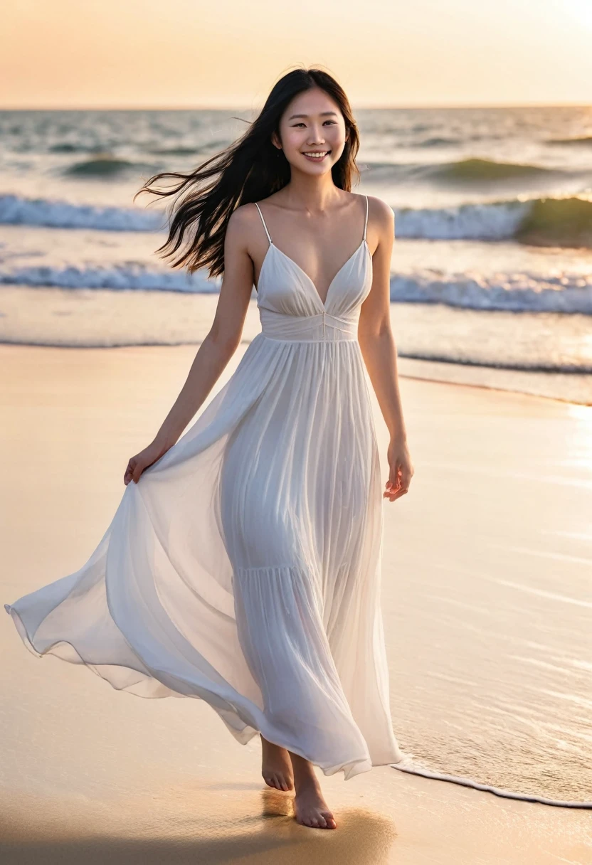 /imagine prompt: A young Asian woman with long, flowing black hair and fair skin wearing a flowing white sundress with thin straps. She is walking barefoot on a sandy beach at sunset, her skirt billowing in the gentle breeze. Her shoulders are narrow, and her bust is a modest A-cup. The sunlight illuminates her figure, highlighting her smooth skin and the pure white of her dress. She has a serene smile on her face as she gazes out at the ocean.