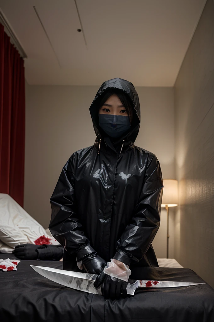 korean girl, (behind corpse, surgical mask), blood splatter, holding knife, stabbing, black gloves, room full of blood, transparent raincoat, hood up, holding knife, black gloves, behind corpse, short hair, night, mass murderer, robbery, in the hotel,