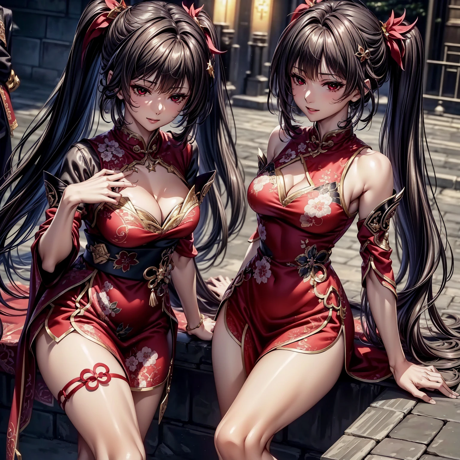 (top quality、masterpiece、very high resolution、Ultra high quality、High quality pixels)、perfect eyes, perfect face, alone,solo, 8k, Big breasts,(Detailed description of hair), (Detailed description of face),(detailed description of body), Fair and translucent skin, gorgeous, long legs, facing the audience, Professional photography lighting, smile, black hair, red eyes, in winter, snow covered snow field, dynamic angle, side view from above, (correct anatomy, ideal body proportions), Sparkle (Honkai:Star Rail), mature, (cowboy shot: 1.2), tight cheongsam, midriff, cleavage