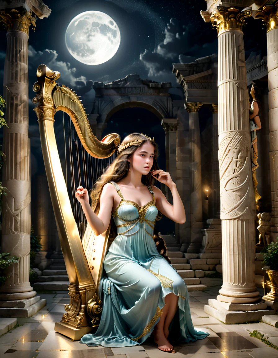 a young priestess, sitting, she places a harp larger than herself in front of him and plays it, playing a large lyre, ancient Greek temple, late at night, inside the temple it is (dark:1.3) and there is (no lighting:1.2), the moonlight shines in at an angle, shining a faint light on her., highly detailed, photorealistic, realistic lighting, intricate architecture, ornate decorations, cool color palette, golden accents, soft fabric textures, mesmerizing expression, elegant pose, cinematic composition, natural lighting, realistic shadows, mystical atmosphere, hyperrealistic, award-winning art