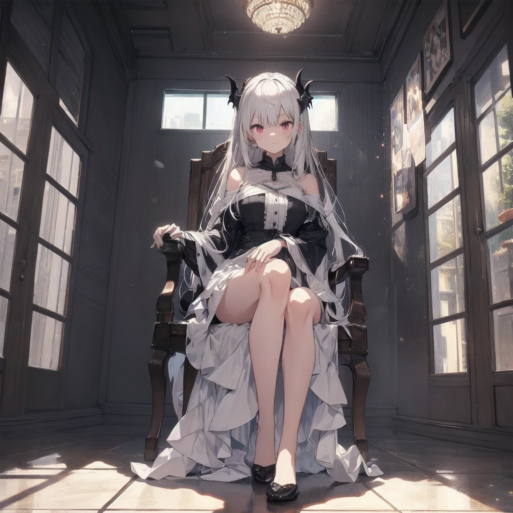 white-haired female vampire，Tall posture，Full body on camera，Sitting on the throne，look down on all beings，Red glowing eyes，Huge multi-layered pupil with color gradient，black lolitat，15D black stockings，No shoes，Sit with your legs up，Lean on the arm of a chair，Pupil Highlights，The characters are rich in detail，Delicate facial depiction，Delicate depiction of clothing，Delicate Gestures，Cold shades，Inside the pitch-black castle，Huge floor-to-ceiling glass windows，Icy moonlight lighting，Pitch black interior，Turn away from the light source，Backlight，Image sharpening，Very sharp，Clear lines，16K，Advanced photography，Rich in details