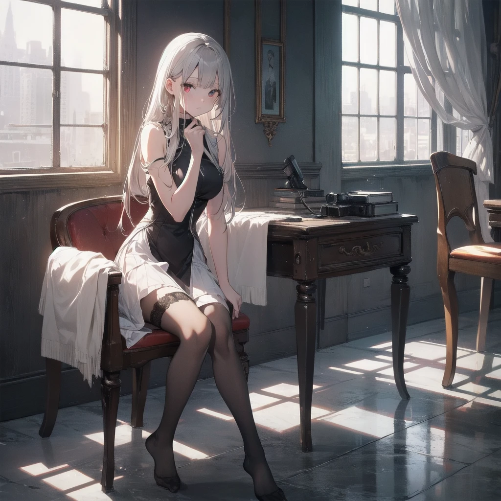 Mature white-haired female vampire，Tall posture，Full body on camera，Sitting on the throne，look down on all beings，Red glowing eyes，Huge multi-layered pupil with color gradient，black lolita outfit，15D black stockings，No shoes，Sit with your legs up，Lean on the arm of a chair，Pupil Highlights，The characters are rich in detail，Delicate facial depiction，Delicate depiction of clothing，Delicate Gestures，Cold shades，Inside the pitch-black castle，Huge floor-to-ceiling glass windows，Icy moonlight lighting，Pitch black interior，Turn away from the light source，Backlight，Image sharpening，Very sharp，Clear lines，16K，Advanced photography，Rich in details