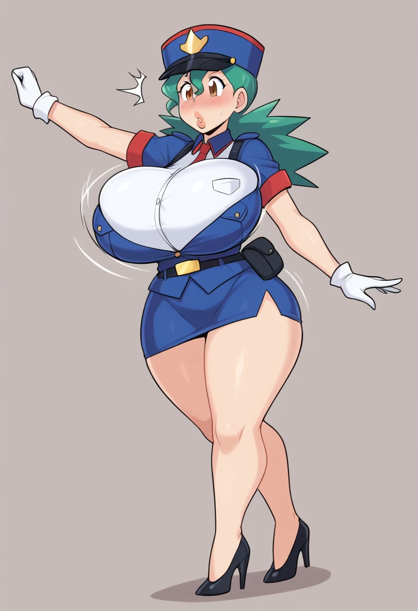 nanao yukiji style, greyscale, manga, busty shortstack, skimpy outfit, bimbo, jenny (pokemon), green hair, police uniform, belt, pencil skirt, short skirt, pleated skirt, white gloves, black high heels, innocent eyes, huge breasts, bouncing breasts, breast expansion, full lips, wide hips, blush