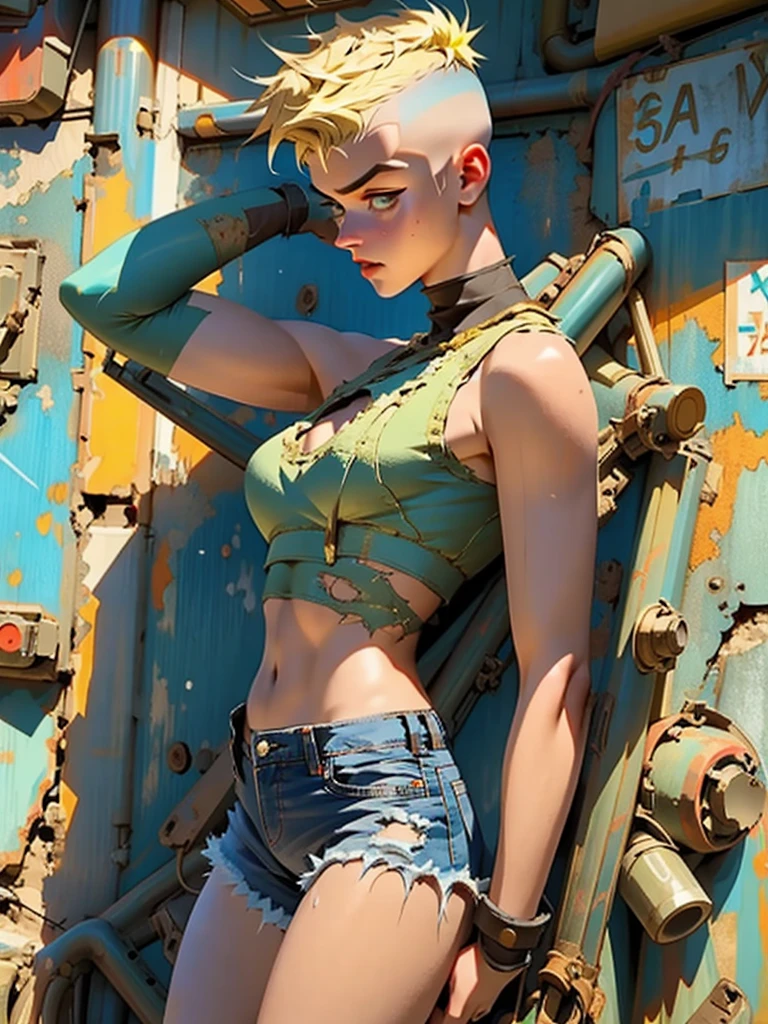 ((( fully body ))), master part, best qualityer, super detaill, 8K, gorgeous woman, Stefania Ferrario as a Tank Girl, parted lips, blonde mohawk hair, Punk Girl, shorts curt com cinta liga, post-apocalyptic world, with a tank in the background, (( of the tank )), niji style, torn and dirty clothes, short mohawk, sides of shaved head, clean face 