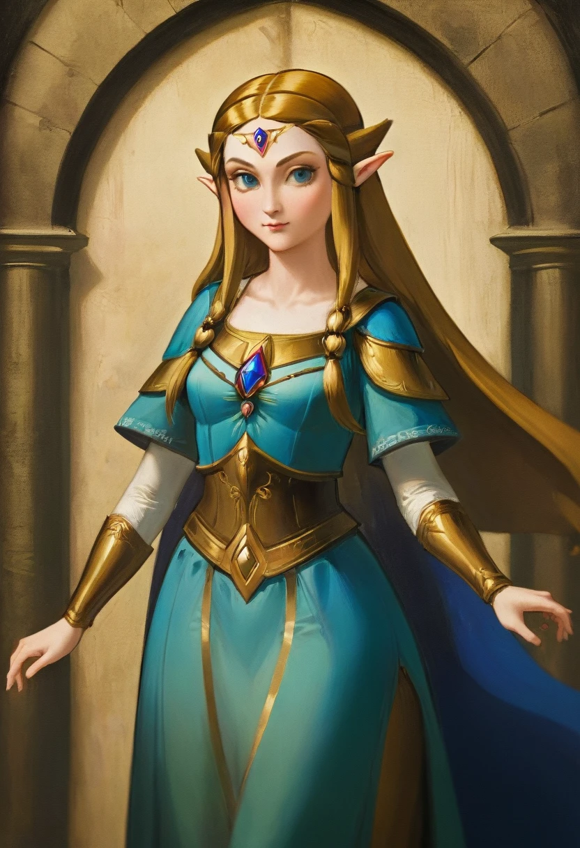 a masterful best quality, award winning masterpiece, portrait done by Michelangelo of Princess Zelda, ((anatomically correct: 1.5)), wearing intricate glamour green elven dress, elven forest background background, Ultra-high resolution, High Contrast, (masterpiece:1.5), highest quality, Best aesthetics), best details, best quality, highres, 16k, [ultra detailed], masterpiece, best quality, (extremely detailed), chumbasket art style, style of Michelangelo Buonarroti, evening dress