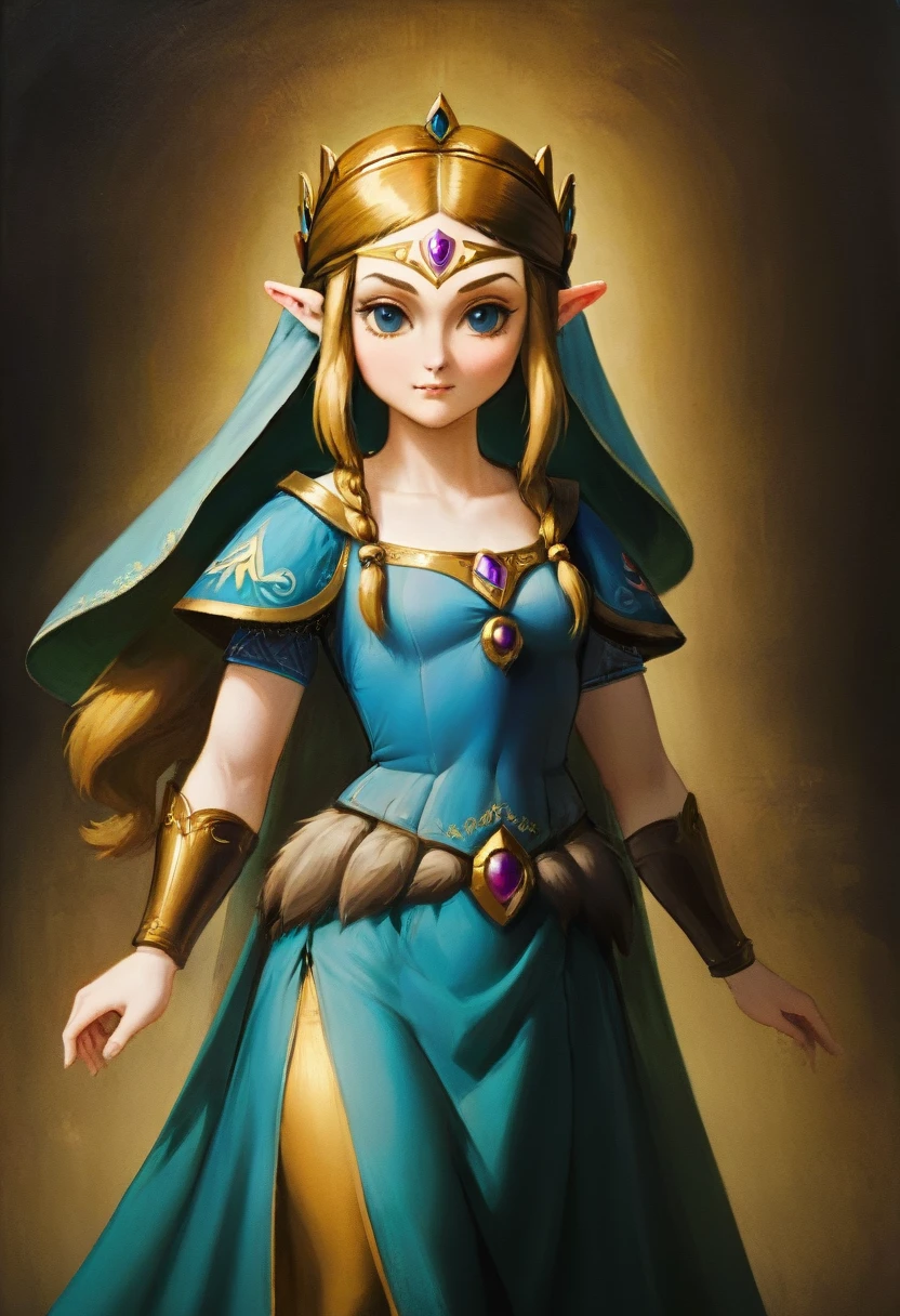 a masterful portrait done by Leonardo De Vinci of Princess Zelda, full body, ((anatomically correct: 1.5)) dynamic background, Ultra-high resolution, High Contrast, (masterpiece:1.5), highest quality, Best aesthetics), best details, best quality, highres, 16k, [ultra detailed], masterpiece, best quality, (extremely detailed), chumbasket art style, dvnc