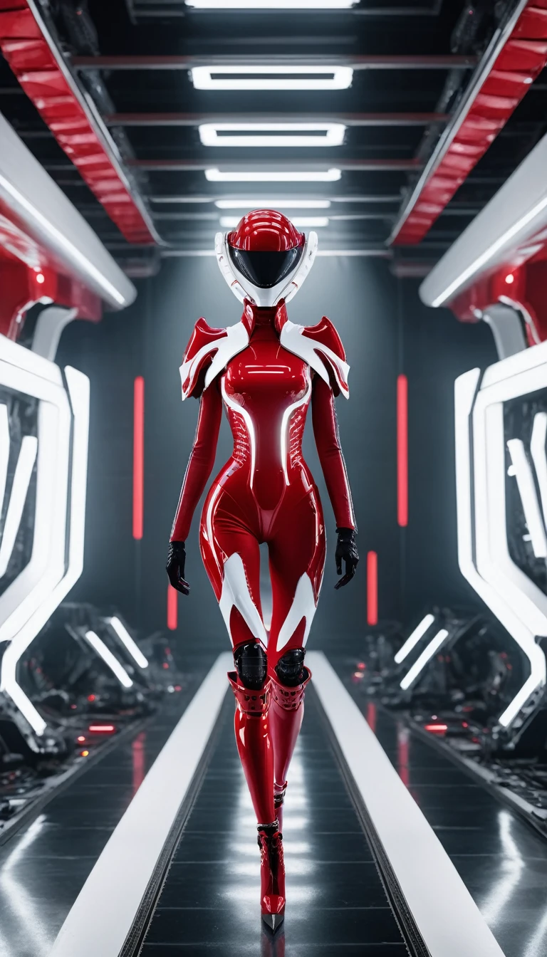 A fashion runway for alien technology , Cyberpunk industrial photography , Inspired by futuristic robotics and dark gothic。(Best quality,4K,8K,A high resolution,Masterpiece:1.2), (Realistic,Photorealistic,photo-realistic:1.37), red and white.