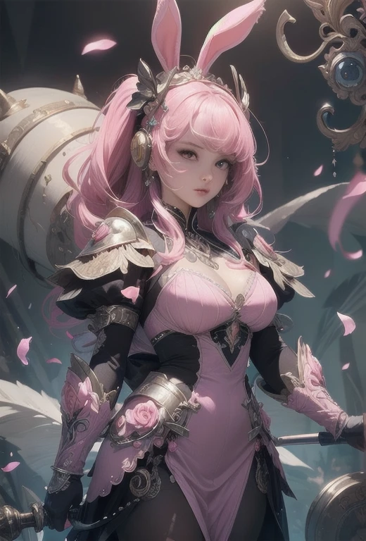(((Full and soft breasts,)))(((Huge breasts))) (((Cleavage))) (Perfect curvy figure)(Detailed illustration,Very detailed and meticulous drawing,Delicate lines，Slow and fast,Realistic texture expression),[Colored braid main line],(Fantasy World Battlefield [Burning castle]),(Girl 12 years old (Pink Bunny [Metal surface])) [Weapon Machine],(([petal] Metal dress [Ruffles]) [Floral Pattern] [Transparent pink translucent armor covering the body surface]) [Ribbon]) [Glowing energy tubes at joints],[Using a sledgehammer as a weapon],[[Mobile Weapon Giant Size][Sci-fi machinery]],(Metallic luster),(Exquisite and beautiful decoration [Dense details]),(Accurately drawn face)[Perfect eye details(Every detail of the iris is beautifully painted)[Gemstone eyes]],[Long and beautiful eyelashes],[Carefully drawn hair [Learn more about beautiful, shiny hair]],(Perfect hand details [Beautiful fingers without flaws [Beautiful nails]]),(Perfect anatomical structure(Perfect proportion))[[Full body portrait]],[Ideal color coordination(Accurately simulate the interaction of light and matter)],[Visual art that conveys a sense of narrative].