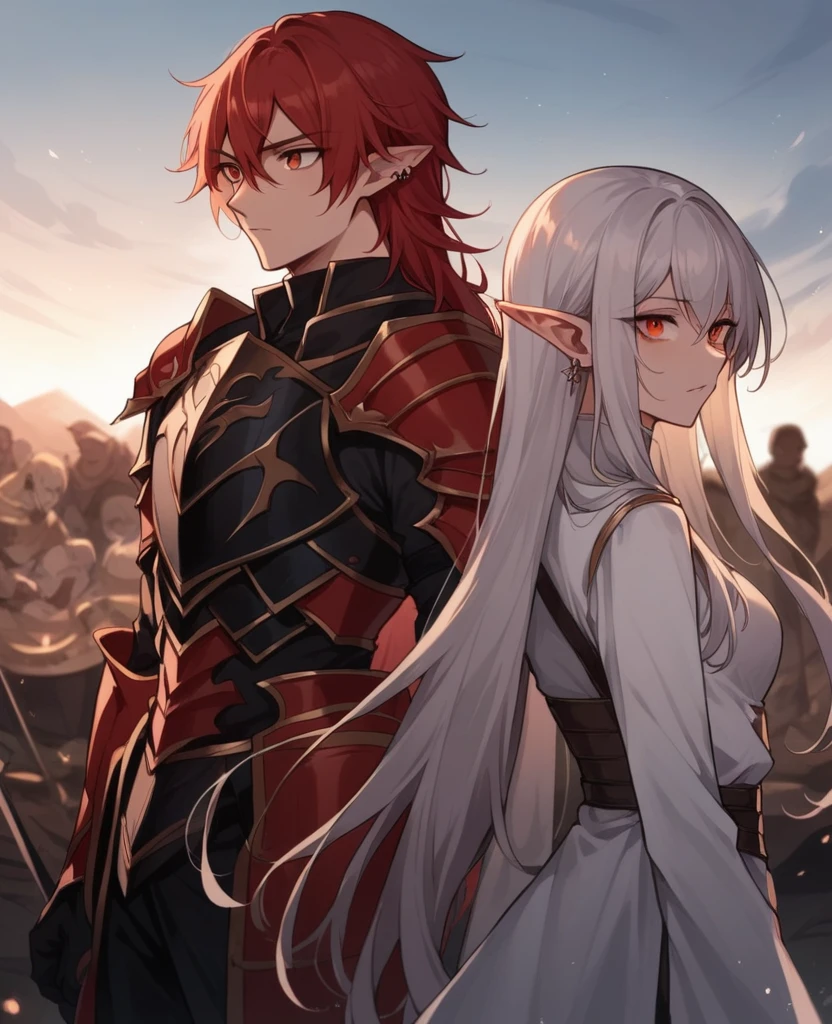 (Male,5'4,pierced pointy ears,light skin,red eyes, white long hair half up half down,Blue and white armour) and (Female,5'9,pointed ears,light skin,red hair,orange eyes,black and red armour) standing next to each  other on a battlefield 