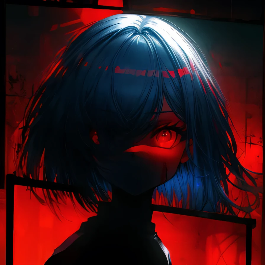 masterpiece, 1 girl, upper body, upclose, girl infront, looks at the viewer, Eyes in TV, Monitors with eyes in background, in doors, red eyes, blood, long blue hair, blue hair, many details, back facing viewer, head turned to look at viewer, emotionless, dim room, only light from tv monitors, monitors with eyes, Many screens showing different things, 1 girl in a screen, detailed eyes in the other screens, well lit, blood on hair, blood dripping from eyes, eyes with crosses in them, pale skin, seperate monitors, emotionless face, glowing eyes, long hair, white hair, eyes split in half, detailed, neon eyes, beautiful eyes, cool eyes, large monitor screen displaying beautiful eyes in background, girl in the center, silhouette of a girl in the center, red lighting, red eyes, blood, detailed, glowing, dim room, lighting from screens, massive screens displaying giant girl in the background , long hair,in a cinema room, dim lighting, bright lighting, red eyes, girl on screen panel, eyes in screen panels, long red hair, bright red hair, long hair, hair glowing, well lit, detailed, detailed lighting, well lit hair, well lit face, looking at viewer, dim room, screen monitor panels, monitors with girl in them, emotionless expression, eye in monitor screen, lots of monitor panels, sectioned panels, glowing eyes, red eyes,