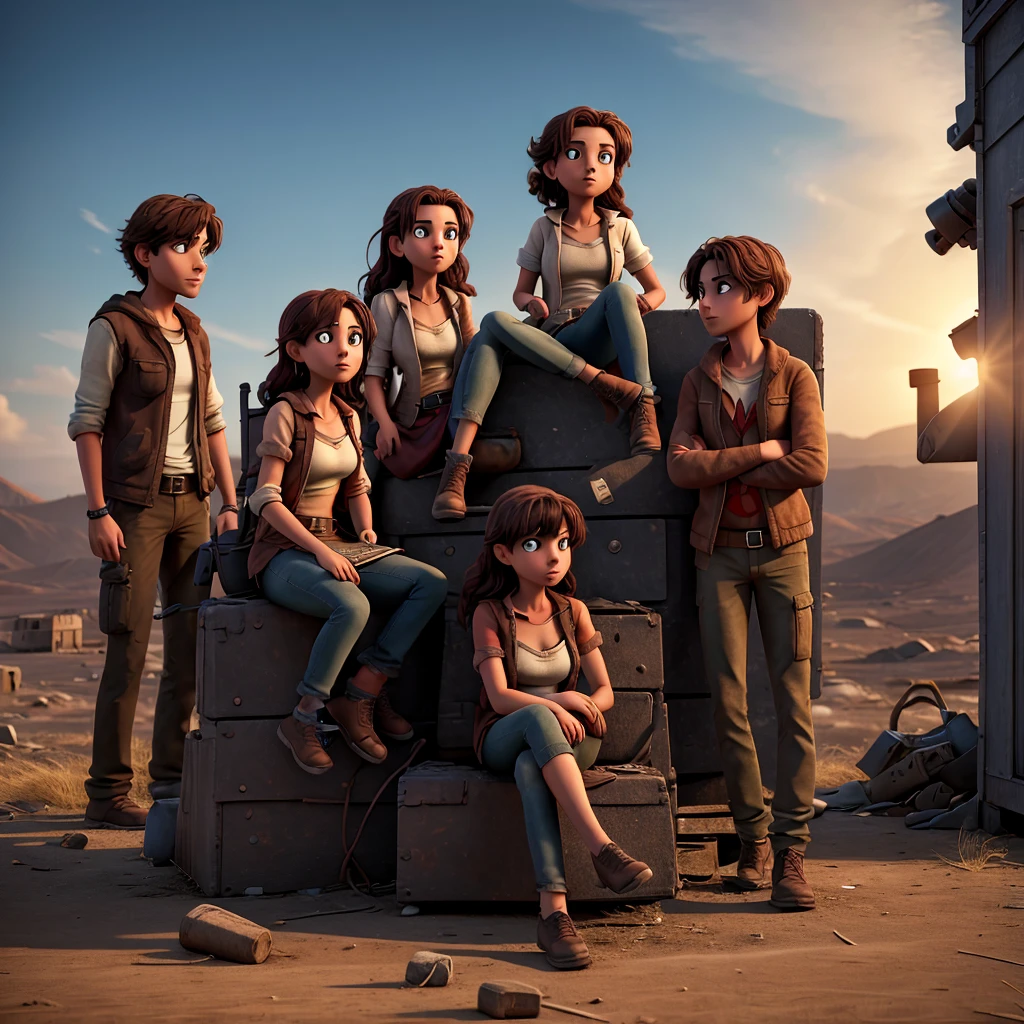 Create an image of an apocalypse with 3 women and a man sitting in a group