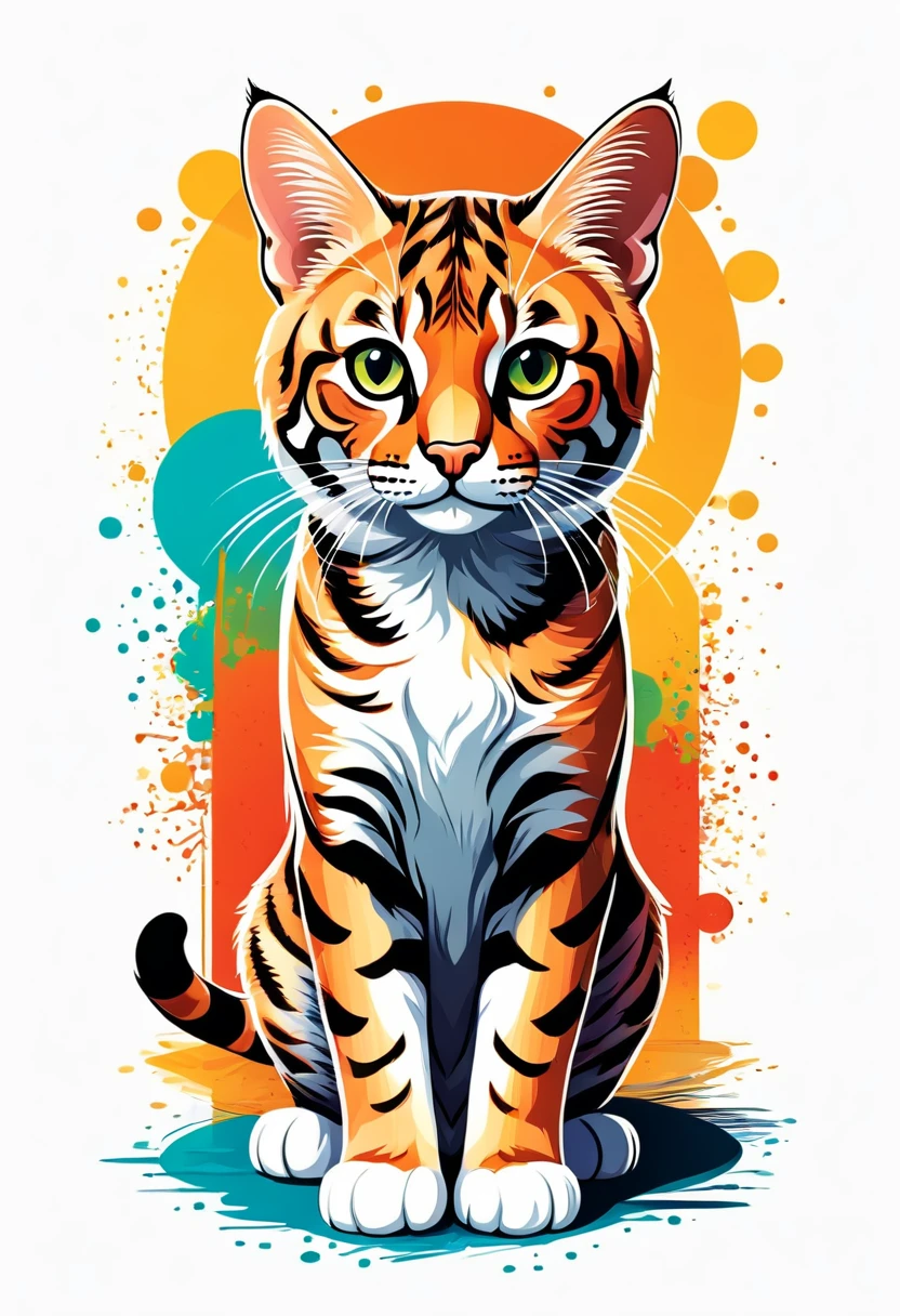 A t-shirt with graphic design art, flat illustration of a Bengals cat, cuddly, colorful tones, highly detailed cleanliness, imagem vectorial, photorealistic masterpiece, professional photograpy, plain white background, isometric, Vibrant, vector