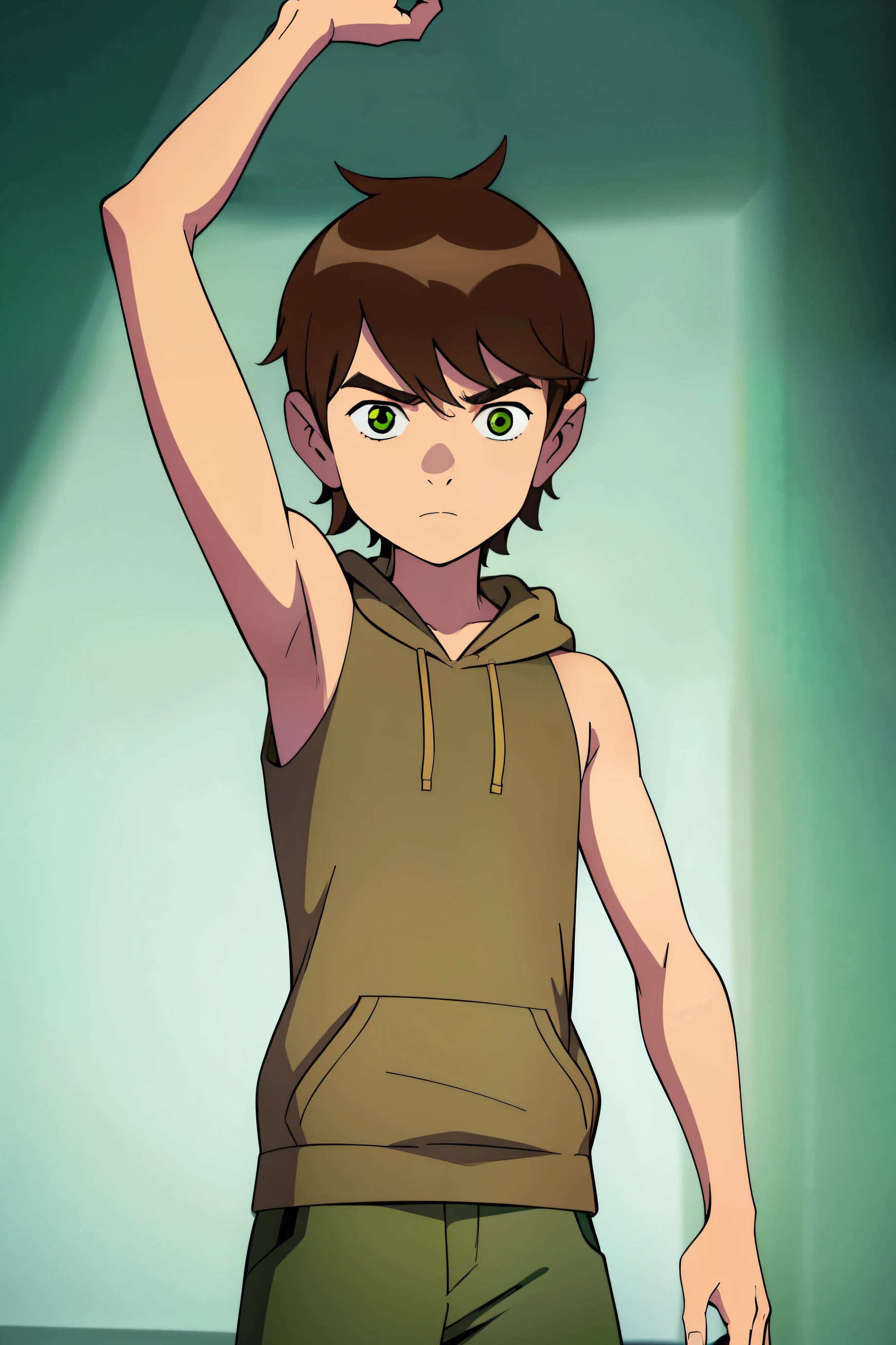Highres, Masterpiece, Best quality at best,Best Quality,hight quality, hight detailed, boy, 1boy, shota, bentennyson, Green eye, Brown hair, short body, Sleeveless hoodie, bare chest, (Armpit), uhd, Simple beckground