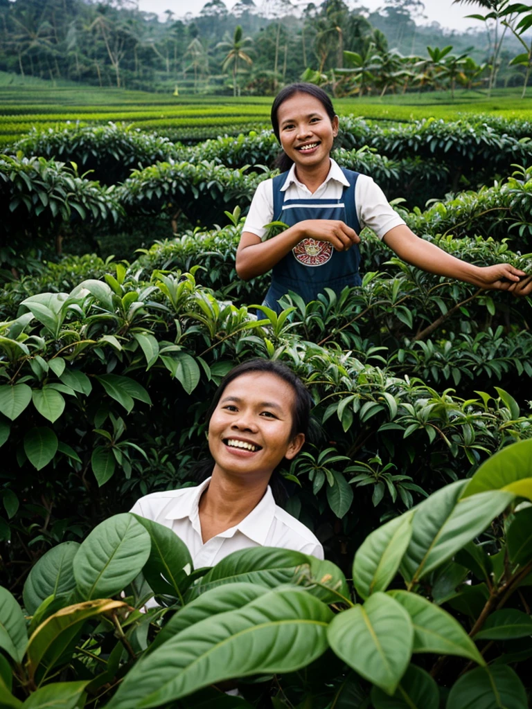 Many Indonesian farmers are picking tea leaves on their plantations, the atmosphere is smiling with happiness