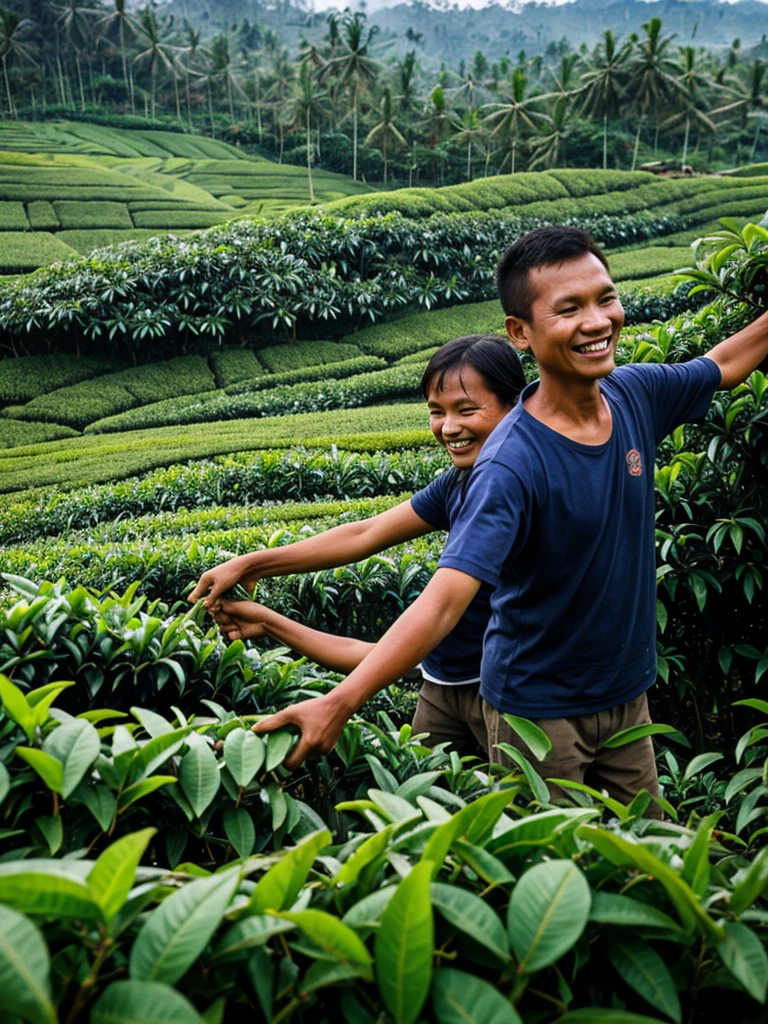 Many Indonesian farmers are picking tea leaves on their plantations, the atmosphere is smiling with happiness