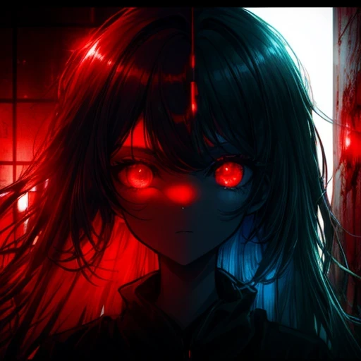 masterpiece, 1 girl, upper body, upclose, girl infront, looks at the viewer, Eyes in TV, Monitors with eyes in background, in doors, red eyes, blood, long blue hair, blue hair, many details, back facing viewer, head turned to look at viewer, emotionless, dim room, only light from tv monitors, monitors with eyes, Many screens showing different things, 1 girl in a screen, detailed eyes in the other screens, well lit, blood on face, blood on hair, blood dripping from eyes, eyes with crosses in them, pale skin, seperate monitors, emotionless face, bright colours, glowing eyes, long hair, white hair, eyes split in half, detailed, neon eyes, beautiful eyes, cool eyes, large monitor screen displaying beautiful eyes in background, girl in the center, silhouette of a girl in the center, red lighting, red eyes, blood, detailed, glowing, dim room, lighting from screens, massive screens displaying giant girl in the background , long hair,in a cinema room, dim lighting, bright lighting, red eyes, girl on screen panel, eyes in screen panels, long red hair, bright red hair, long hair, hair glowing, well lit, detailed, detailed lighting, well lit hair, well lit face, looking at viewer, dim room, screen monitor panels, monitors with girl in them, emotionless expression, eye in monitor screen, lots of monitor panels, sectioned panels, glowing eyes, red eyes,