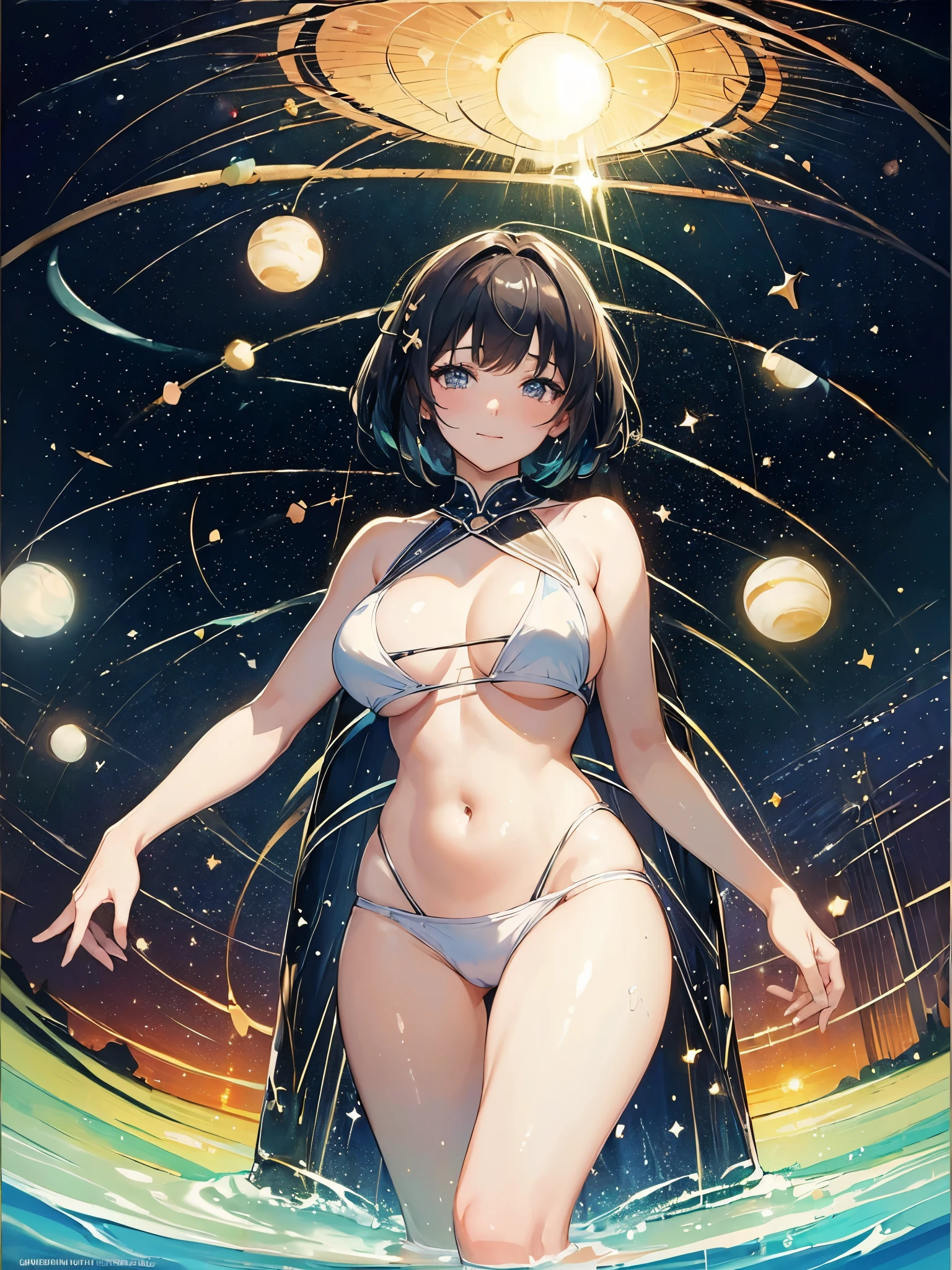 ((masterpiece, best quality:1.3)), High Definition, 8k wallpaper, (Fantastic landscape), dreamy, otherworld, galaxy, [1sexy girl:1.2], (beautiful face, A slight smile), (Straight Hair, Straight bangs), Facing the camera, (Sexy Bikini, No Clothes), light leaks, reflected in water under a sunset, 