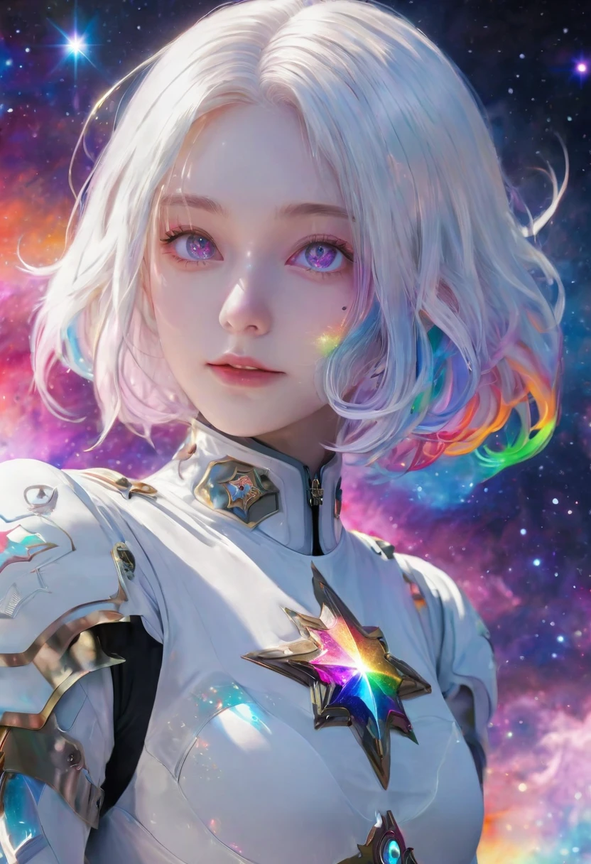 1 girl, rainbow colored hair,White exquisite armor, Rainbow colored cosmic nebula background, Star, galaxy, intricate details, White skin,masterpiece, best quality, current, Floating happily in space, luminescent, luminescent