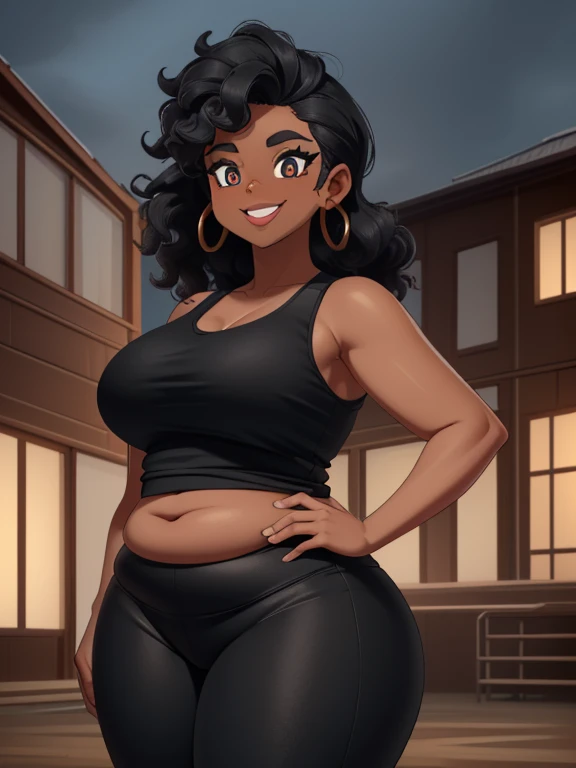 ((Masterpiece)), ((Best Quality)), (4K quality), ((Detailed face:1.2), (Detailed eyes:1.2), (Detailed pupils:1.2), (half-body-shot (cowboy shot):1.3), Ultra High Resolution, intricate details, ultra-detailed, dramatic lighting, 1girl,solo, 45-year-old, Latina, mature female, (dark-skinned female:1.5), long black hair, (Wearing: red tank-top, black leggings, sneakers:1.2), smiling, sexy, very beautiful face, Curvy, Oversize, Overweight, thick lips, plump figure, big breasts, fat rolls, belly rolls, muffin top, big deep navel, tight out, love handles, wide hips, wide waist, wide load butt, thick thighs,