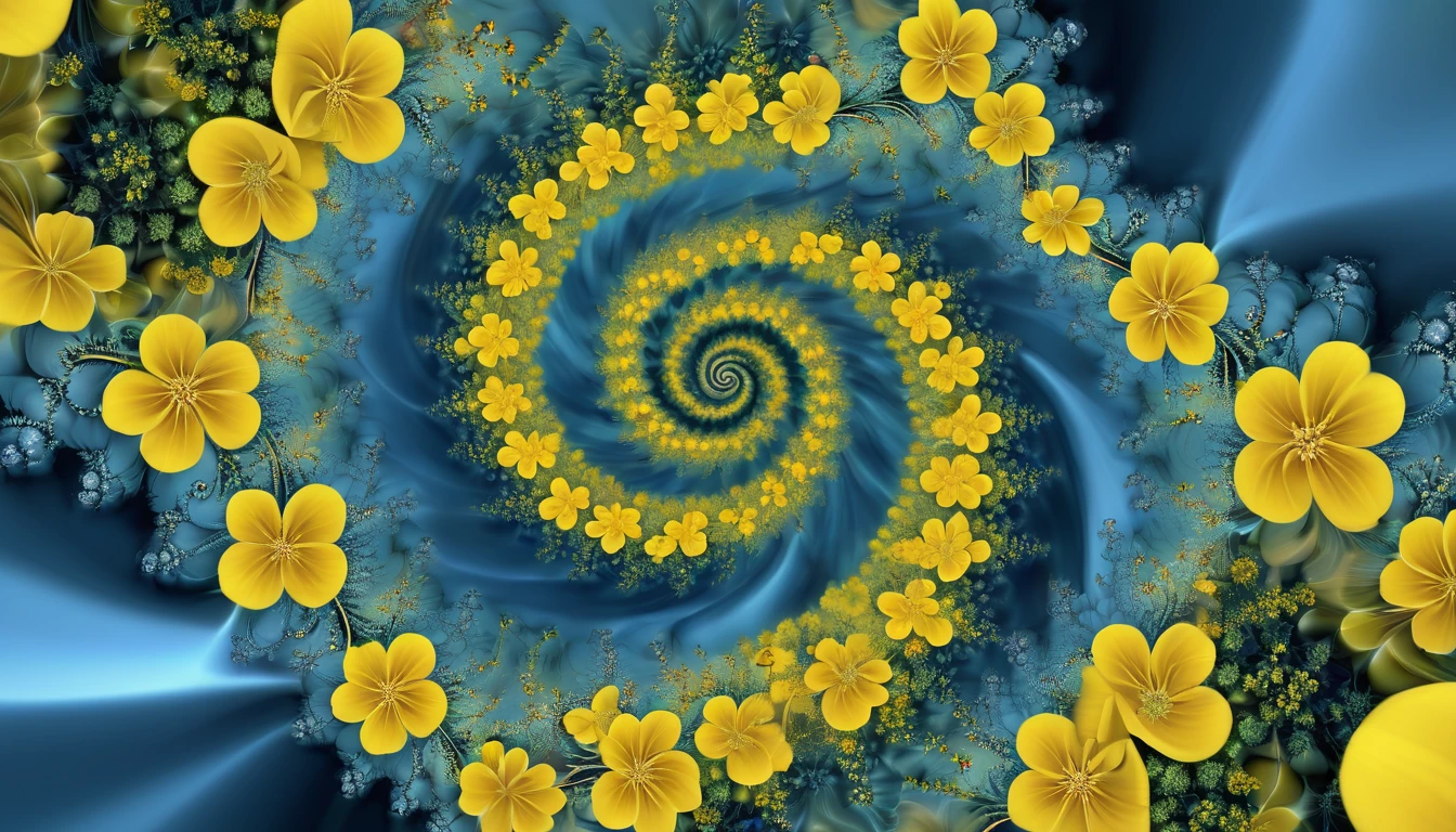 yellow flowers are growing on a blue surface with a spiral design, swirling nature magic, swirling scene, swirling gardens, oganic rippling spirals, swirling flowers, 3d fractals, 3 d fractals, fractals swirling outward, mandelbrot flowers and trees, fractals!! water