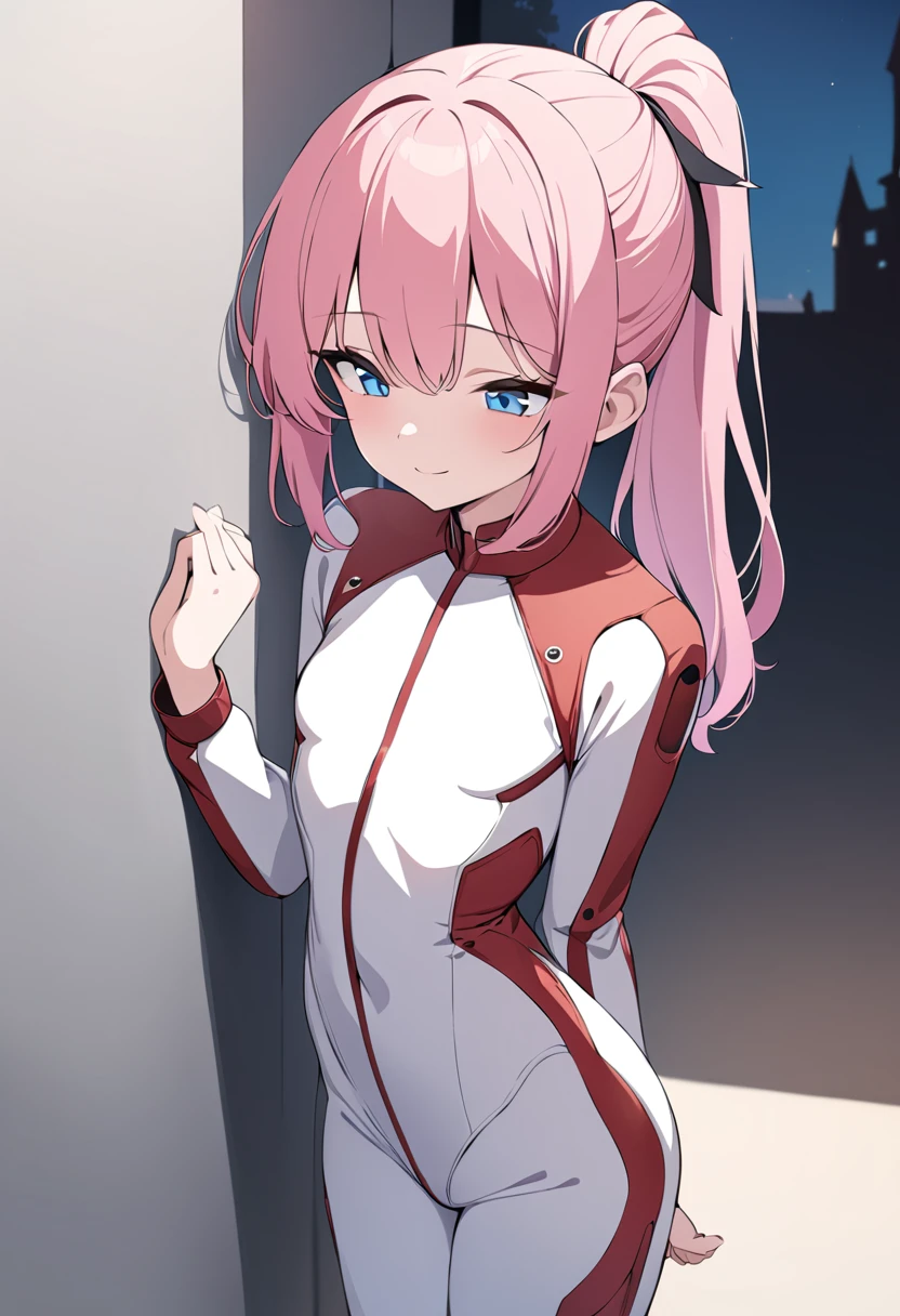 (masterpiece, top quality, very aesthetic, 4k、illustration), intricate detail, 1girl,leaning against a wall、(cowboy shot)、light smile、()、animated painting
Cute 、pink hair、ponytail,middle hair,sidelock ,high ,blue eyes、pilot suit、small breasts,Slim 、