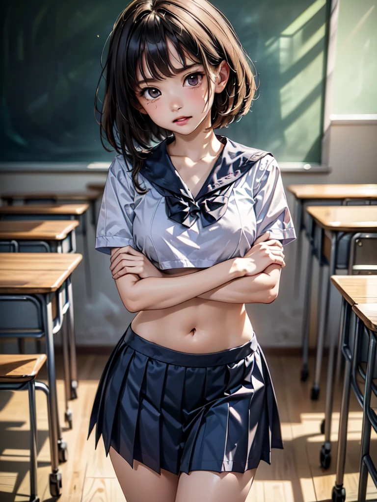 women in classroom, ((Sailor outfit, white crop top)), blue school skirt, Open the navel, Open belly, (Showing the abdominal area), ((((Cross your arms over your chest)))), cry , (((The teacher stood behind holding a whip))))