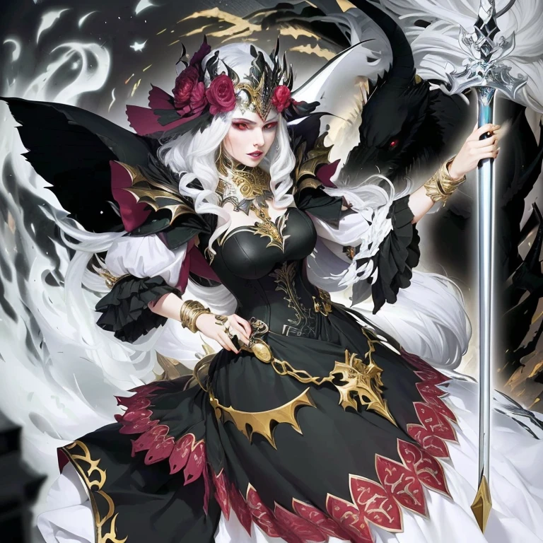 a close-up of a woman in a dress holding a sword, white haired deity, female lord of change, full view of the black sorceress, white horned queen demon, scary queen of death, goddess of death, The Queen of Blades, Sorceress, a beautiful sorceress, evil godess, goddess of the underworld, evil Sorceress, queen of hell